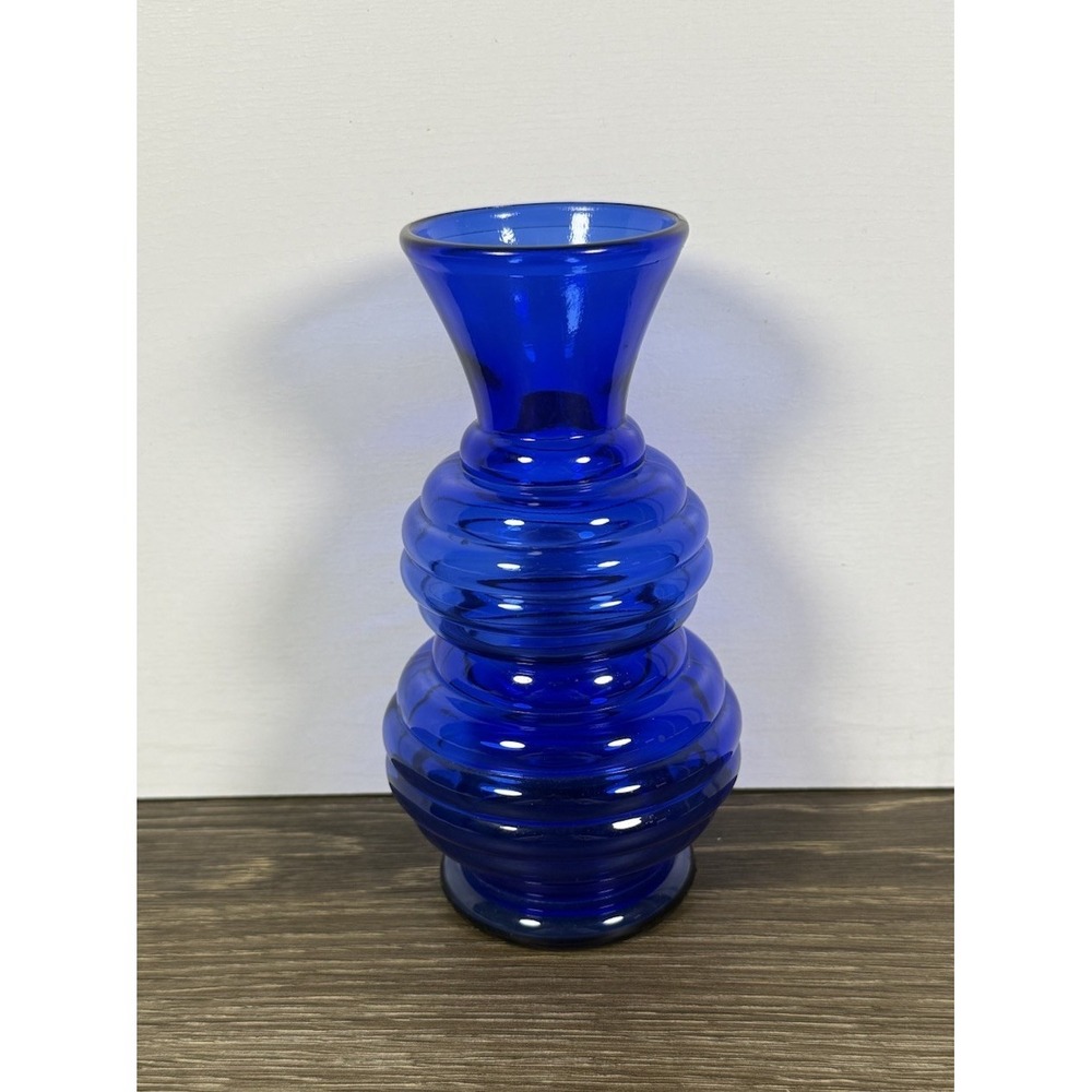 Vintage Cobalt Blue Glass Vase USA Marked Mid Century Modern‎ Ribbed 6"